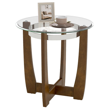 24 Inches Round Side Table with Tempered Glass Top and Solid Rubber Wood Base