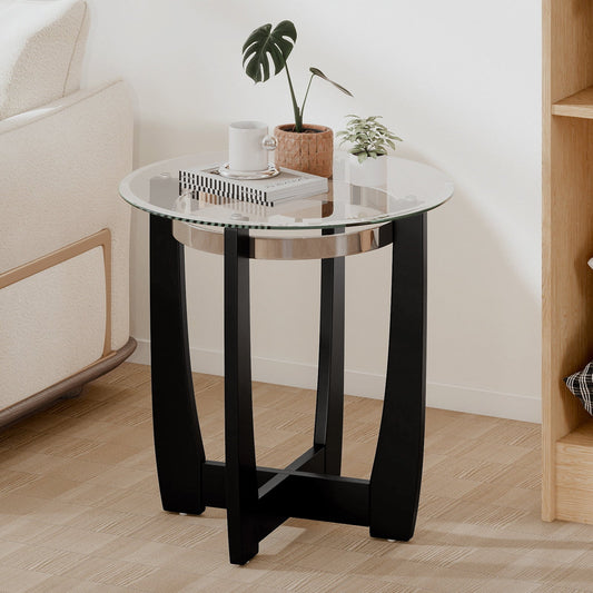 24 Inches Round Side Table with Tempered Glass Top and Solid Rubber Wood Base - Tampa Home & Garden Store