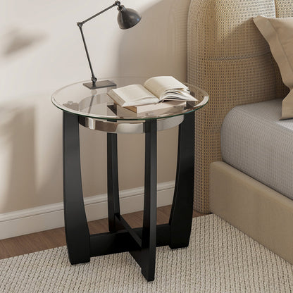 24 Inches Round Side Table with Tempered Glass Top and Solid Rubber Wood Base