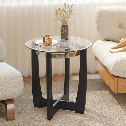 24 Inches Round Side Table with Tempered Glass Top and Solid Rubber Wood Base - Tampa Home & Garden Store