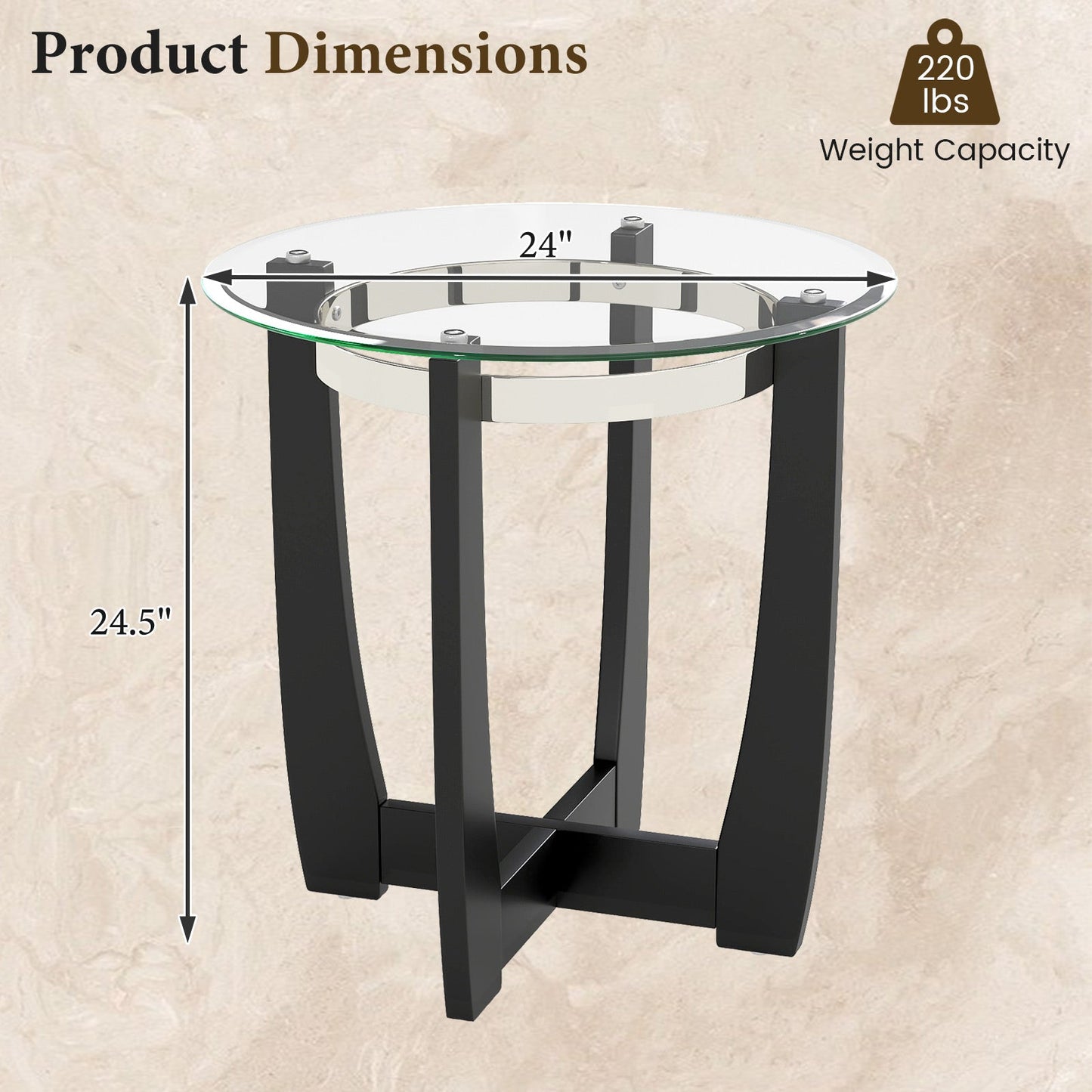 24 Inches Round Side Table with Tempered Glass Top and Solid Rubber Wood Base