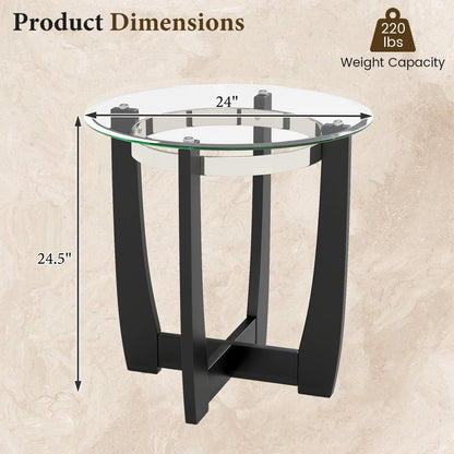 24 Inches Round Side Table with Tempered Glass Top and Solid Rubber Wood Base