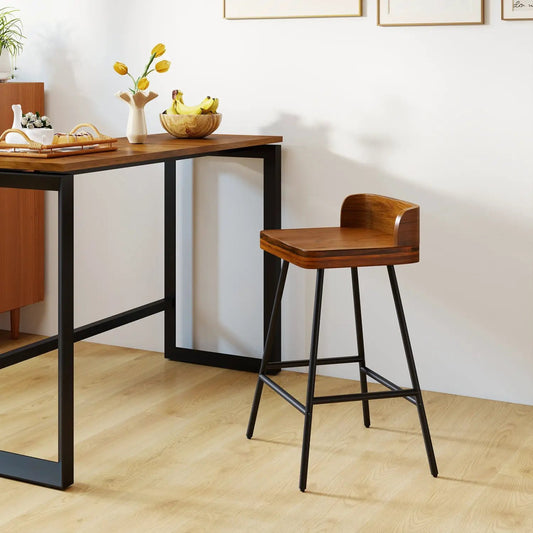 24in Bar Stool Walnut with low back and footrest, wood seat, black steel legs DirectDeals on Tampa Home & Garden Store
