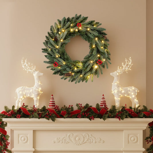 24-inch pre-lit wreath with 90 frosted branch tips, red berries and warm white lights on Tampa Home & Garden Store