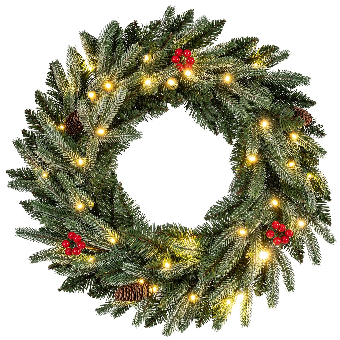 24in DirectDeals pre-lit Christmas wreath with frosted pine tips, lights and red berries on Tampa Home & Garden Store