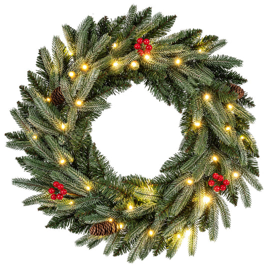 24in DirectDeals pre-lit Christmas wreath with frosted pine tips, lights and red berries on Tampa Home & Garden Store