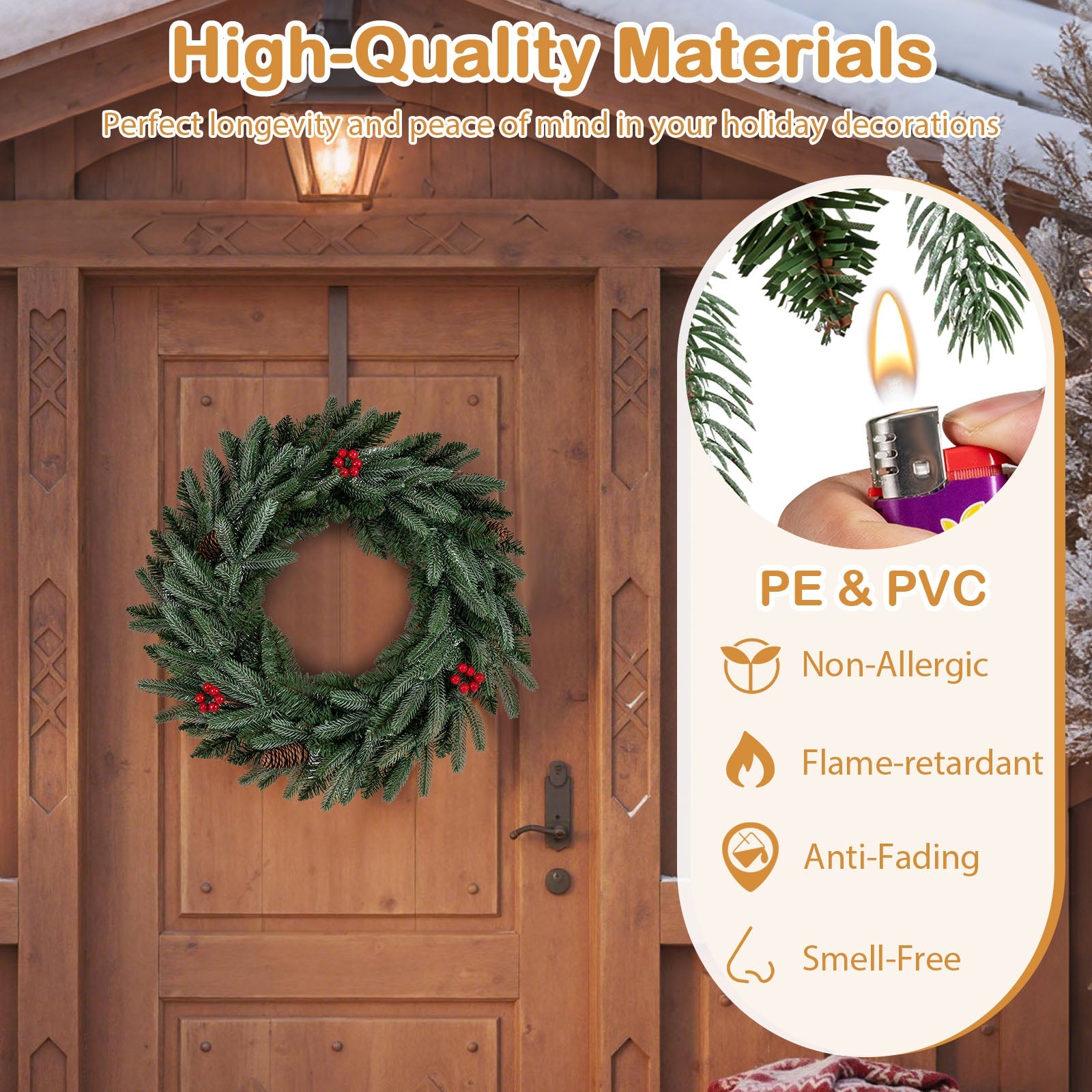 24in pre-lit artificial Christmas wreath for front door with 90 frosted tips and red berries on Tampa Home & Garden Store