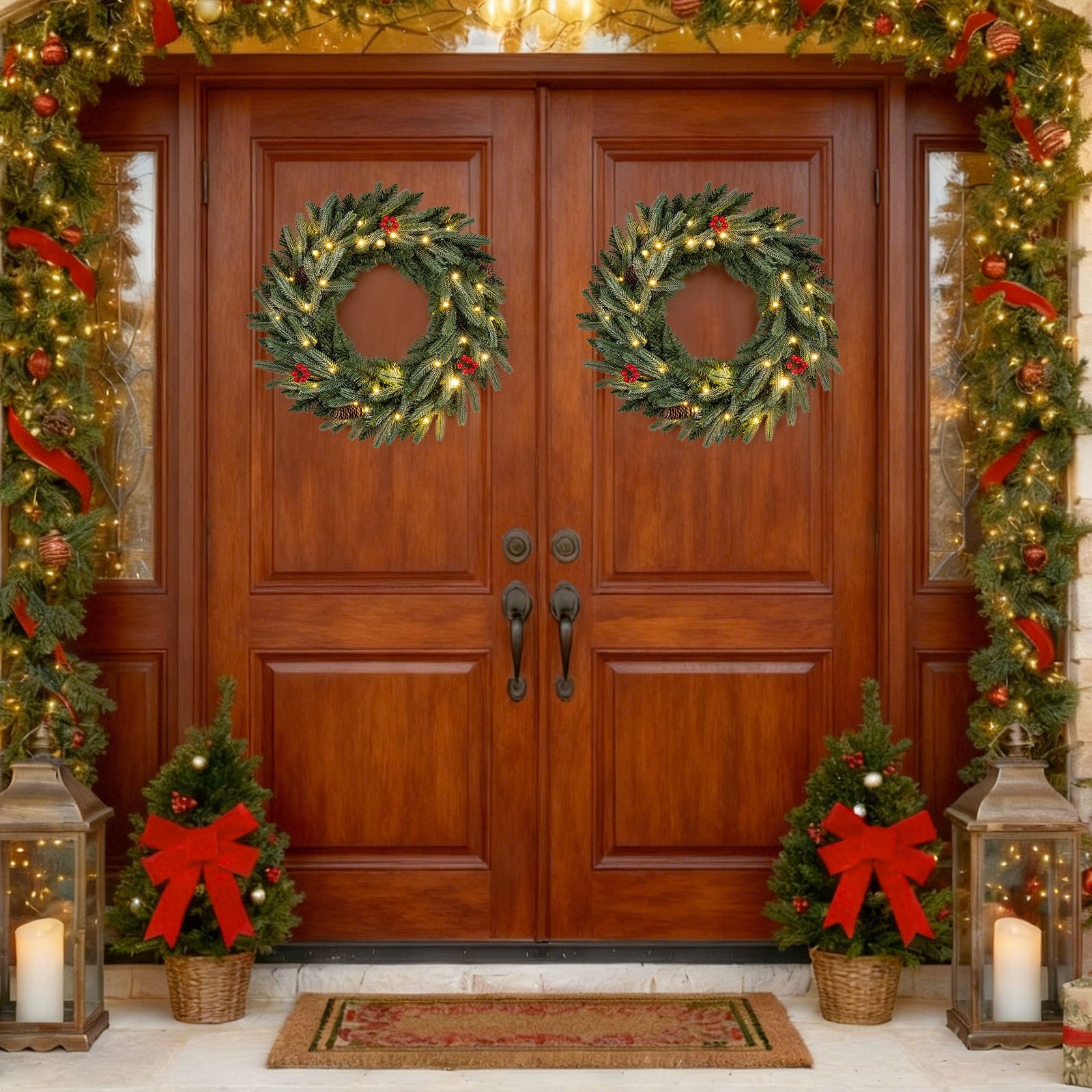 Two 24-inch pre-lit Christmas wreaths with green pine, warm LEDs, and red berries for front doors on Tampa Home & Garden Store