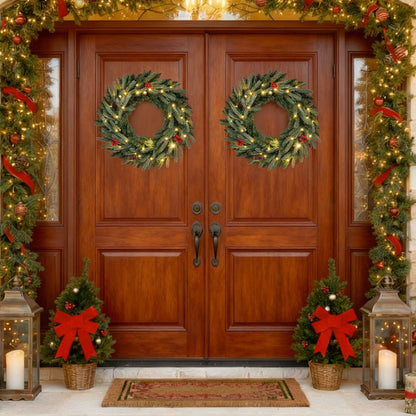 Two 24-inch pre-lit Christmas wreaths with green pine, warm LEDs, and red berries for front doors on Tampa Home & Garden Store
