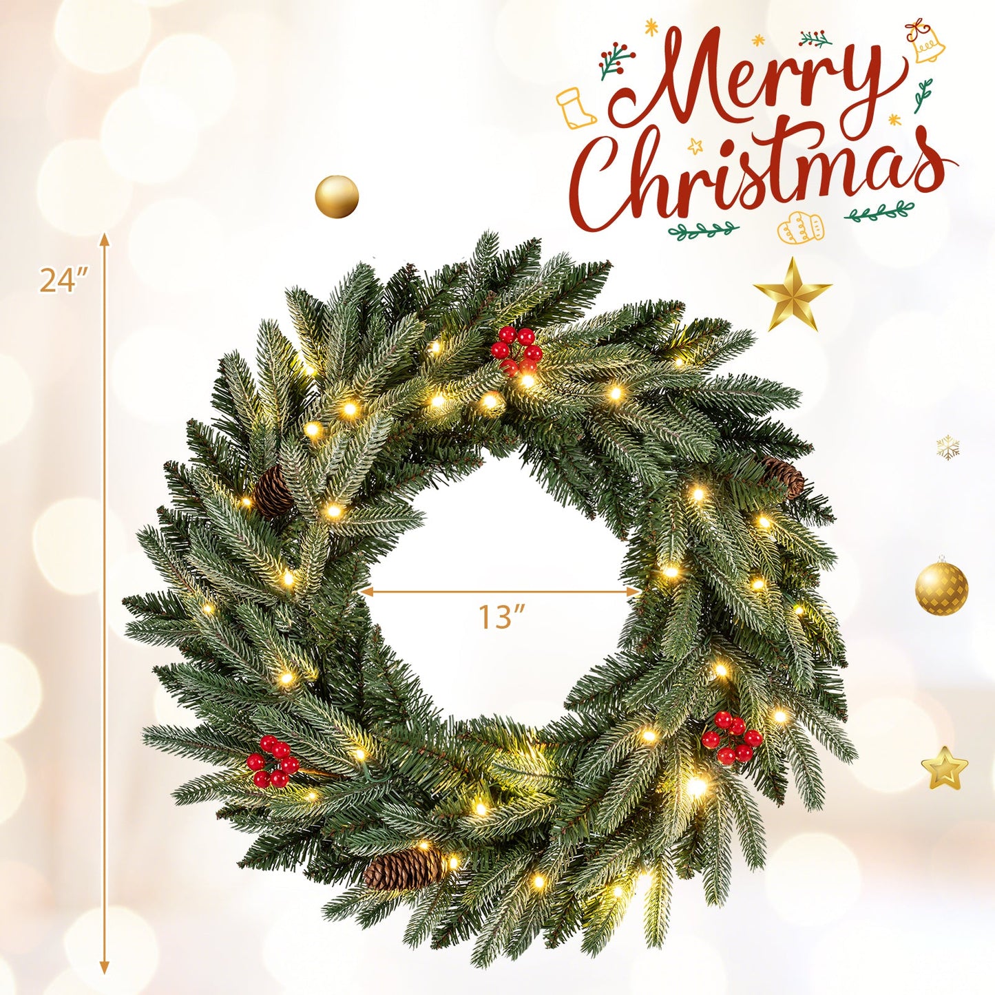 24-inch 2-pack pre-lit artificial Christmas wreaths with 90 frosted pine tips and red berries on Tampa Home & Garden Store