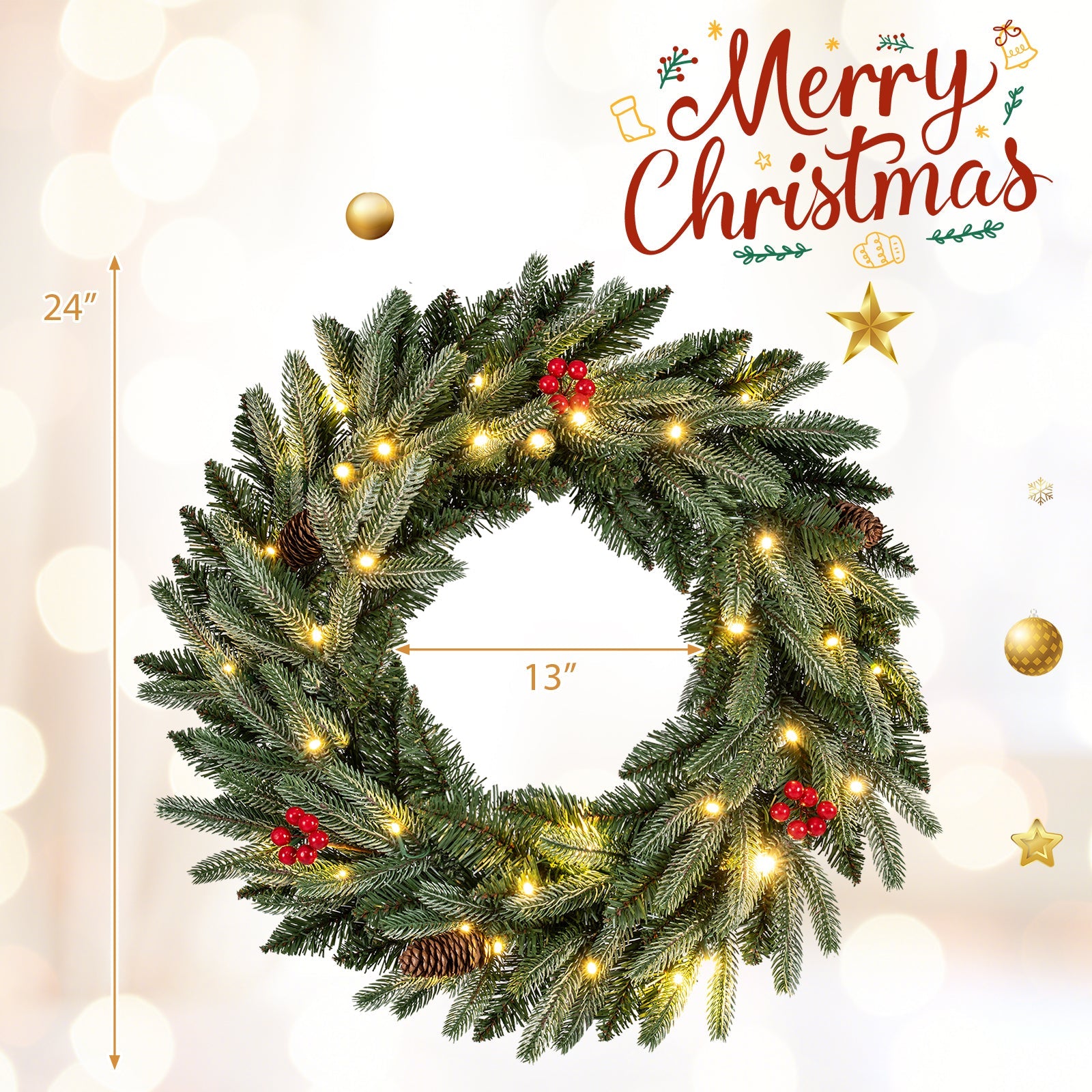 24-inch 2-pack pre-lit artificial Christmas wreaths with 90 frosted pine tips and red berries on Tampa Home & Garden Store