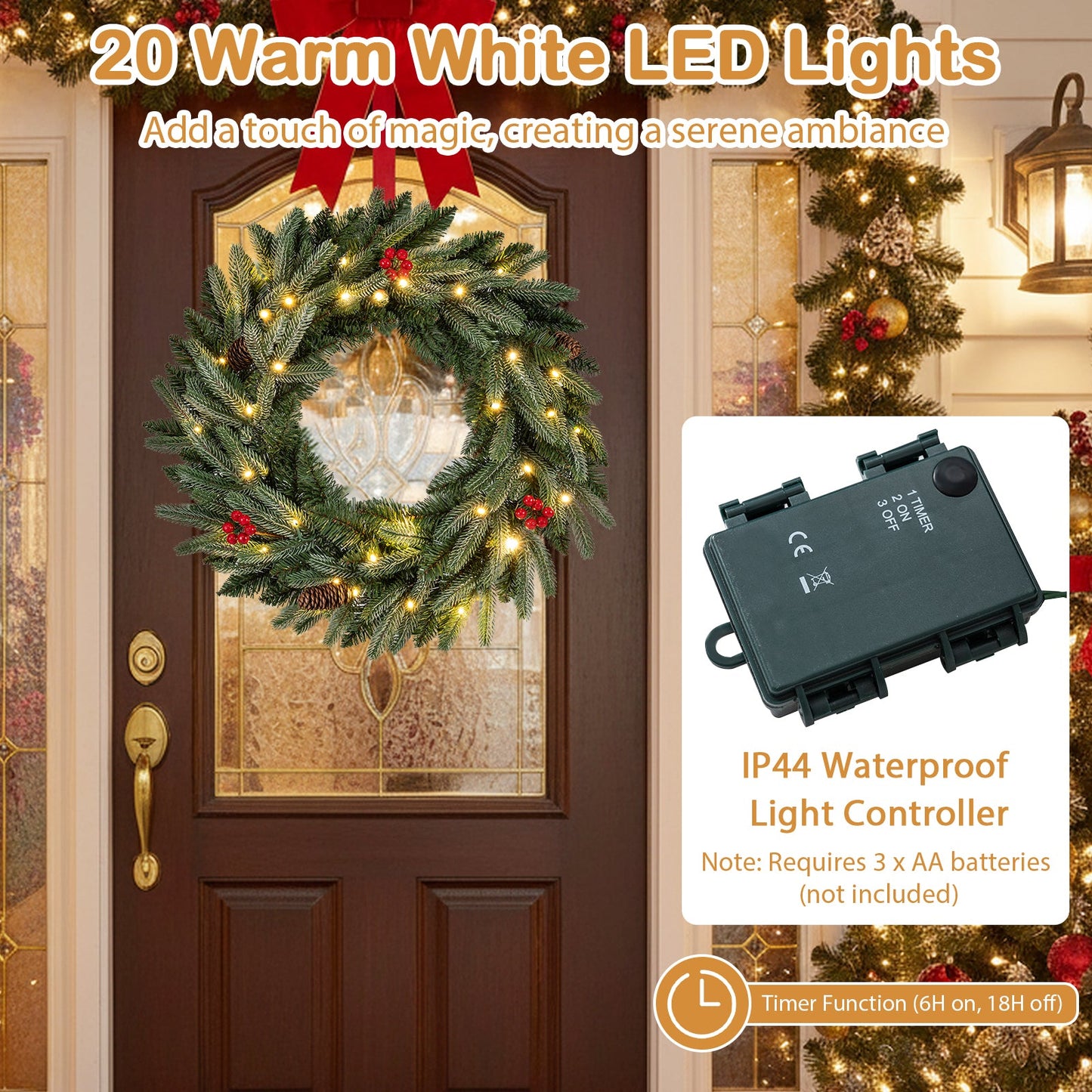 24-inch DirectDeals pre-lit wreaths with 90 tips and warm white LEDs for front door set of 2 on Tampa Home & Garden Store