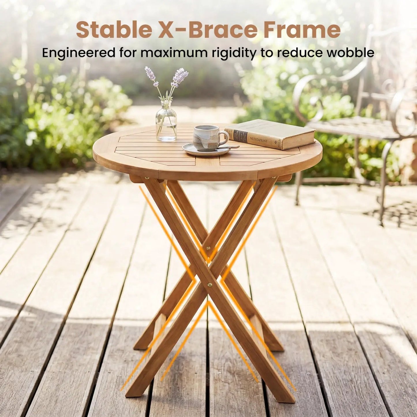 Round Teak Folding Bistro Table with Footrest