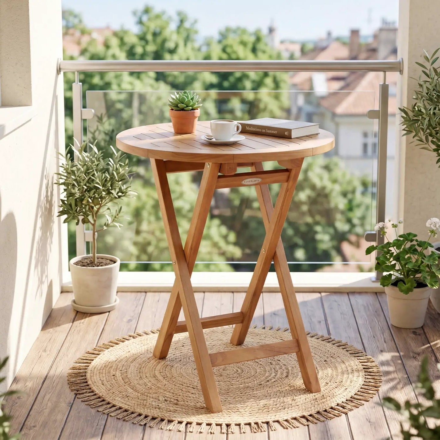 Round Teak Folding Bistro Table with Footrest