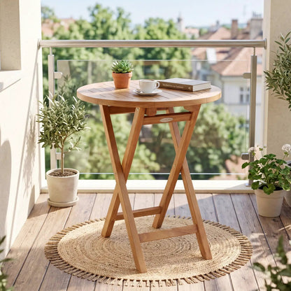 Round Teak Folding Bistro Table with Footrest