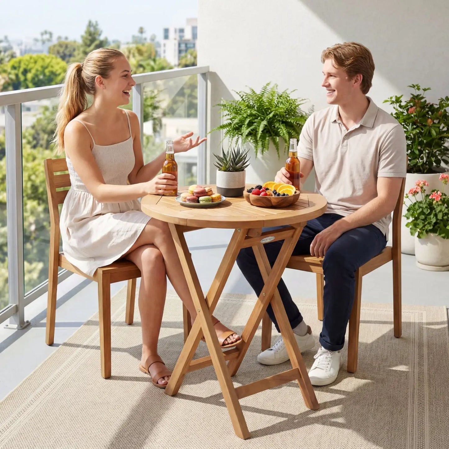 Round Teak Folding Bistro Table with Footrest