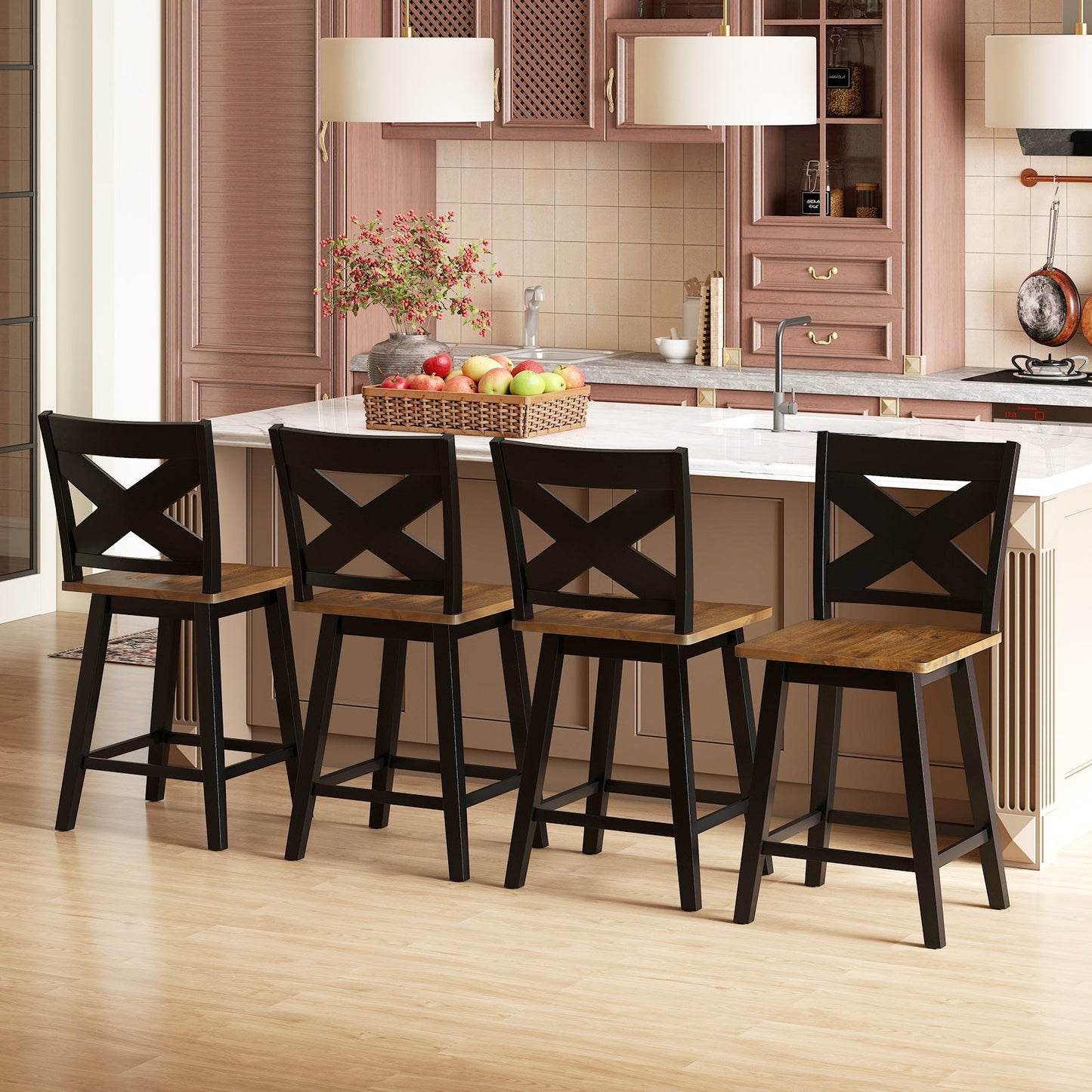 24" Rubberwood Swivel Barstools Set of 4 with Backrest and Large Seat - Tampa Home & Garden Store