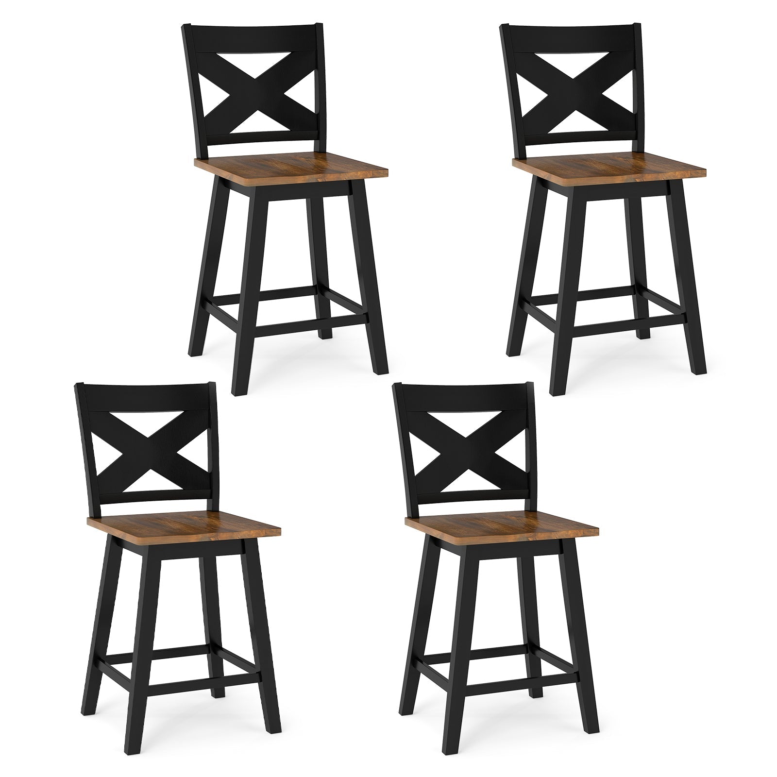 24" Rubberwood Swivel Barstools Set of 4 with Backrest and Large Seat - Tampa Home & Garden Store