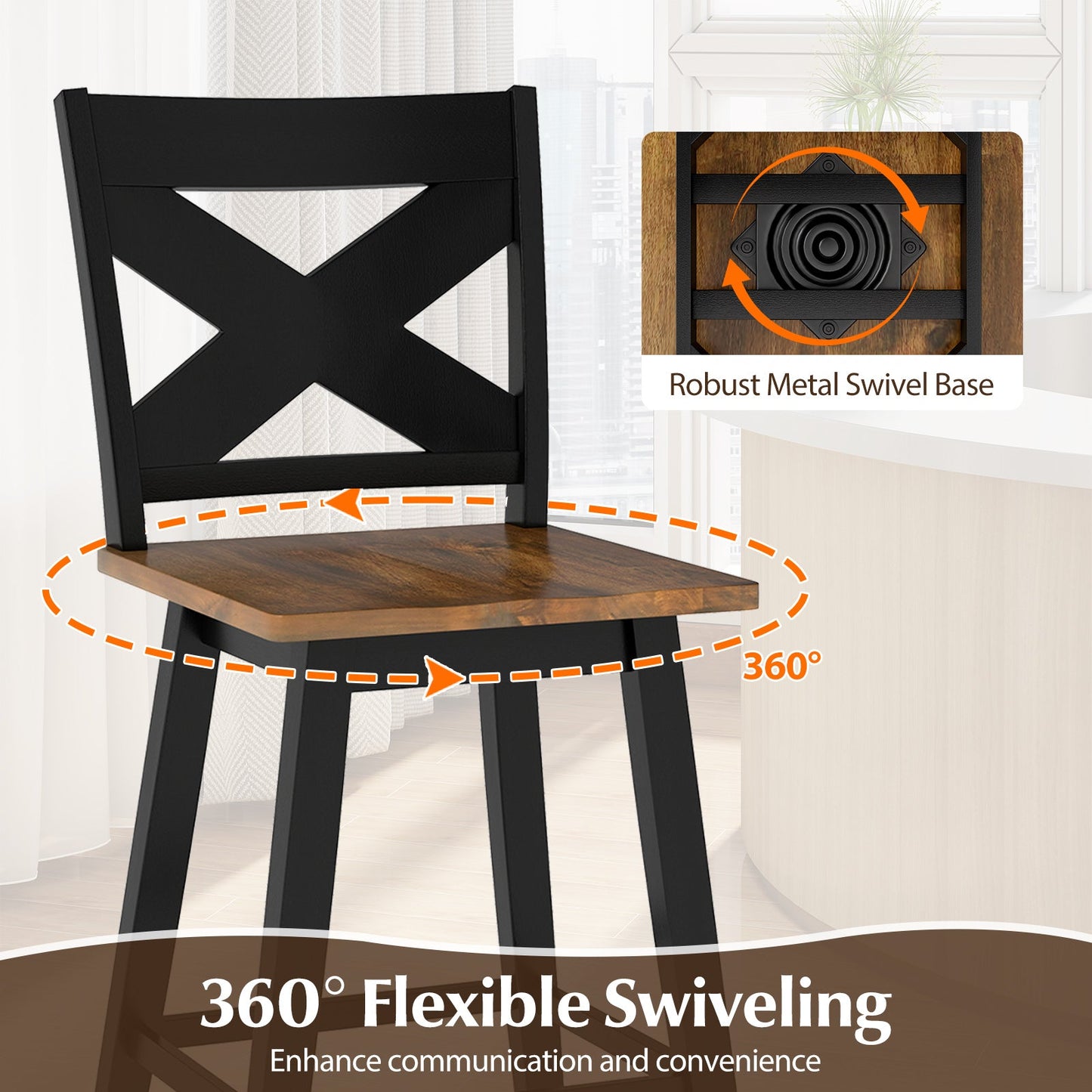 24" Rubberwood Swivel Barstools Set of 4 with Backrest and Large Seat - Tampa Home & Garden Store
