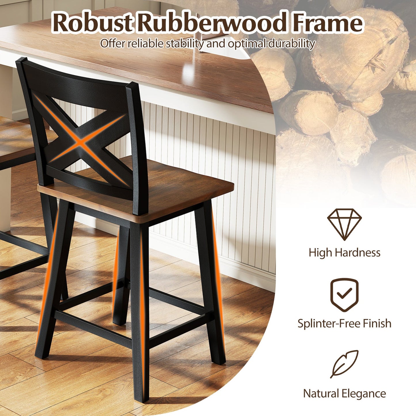 24" Rubberwood Swivel Barstools Set of 4 with Backrest and Large Seat - Tampa Home & Garden Store