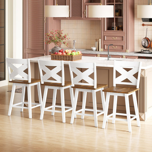 24" Rubberwood Swivel Barstools Set of 4 with Backrest and Large Seat - Tampa Home & Garden Store