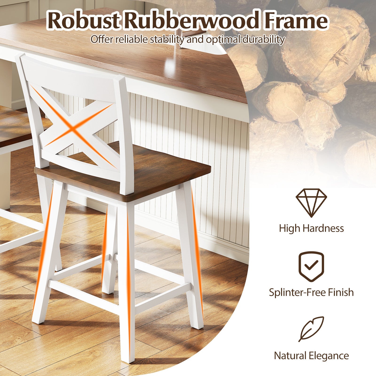 24" Rubberwood Swivel Barstools Set of 4 with Backrest and Large Seat - Tampa Home & Garden Store
