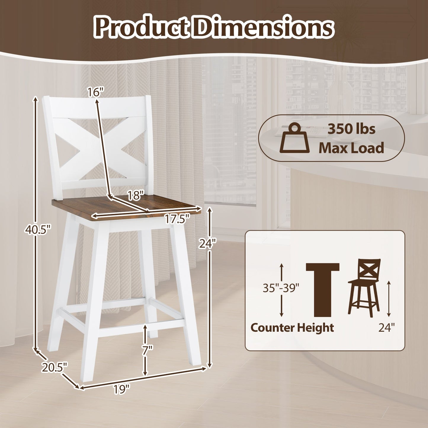 24" Rubberwood Swivel Barstools Set of 4 with Backrest and Large Seat - Tampa Home & Garden Store