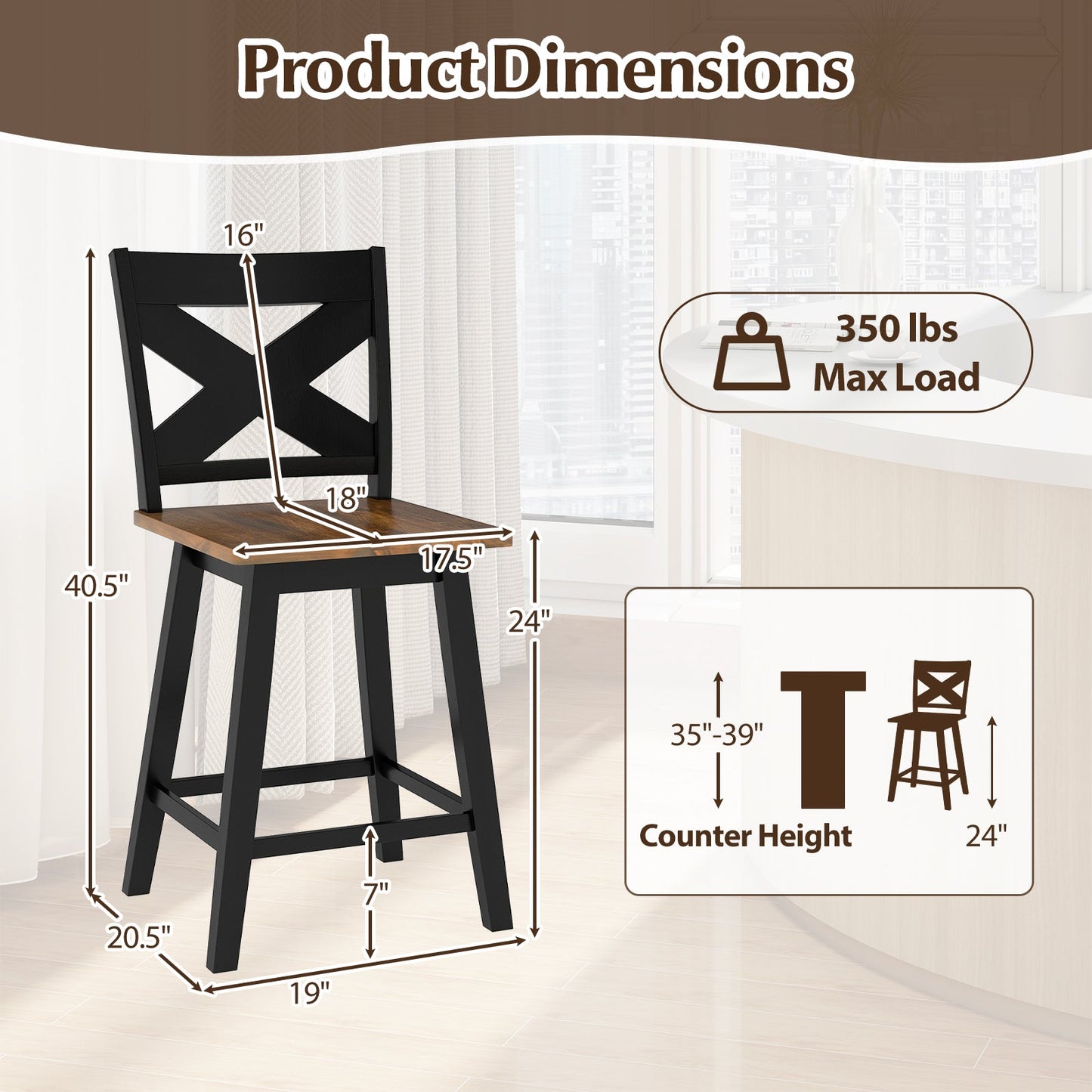 24" Rubberwood Swivel Barstools Set of 4 with Backrest and Large Seat - Tampa Home & Garden Store