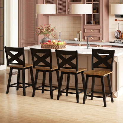24" Rubberwood Swivel Barstools Set of 2 with Backrest and Large Seat