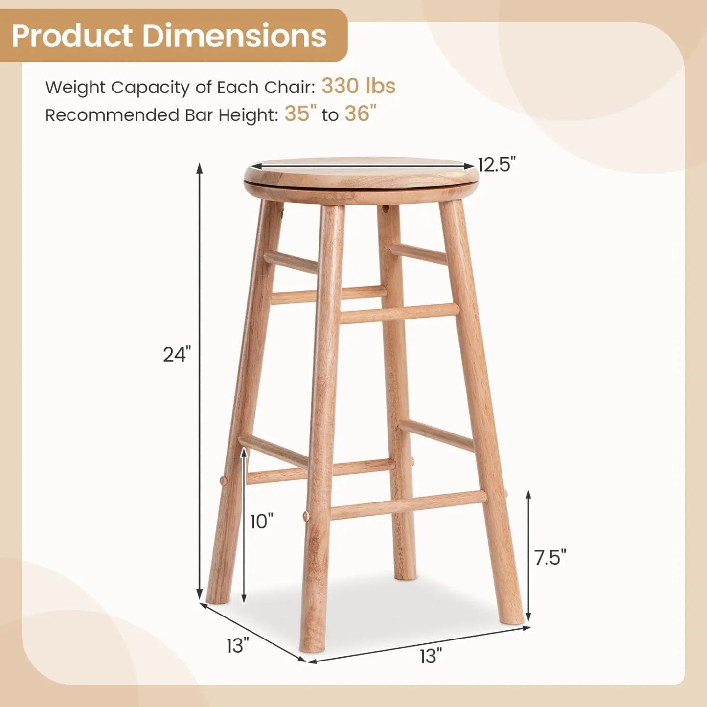 24 Inch Swivel Bar Stools Set of 2 with Footrests