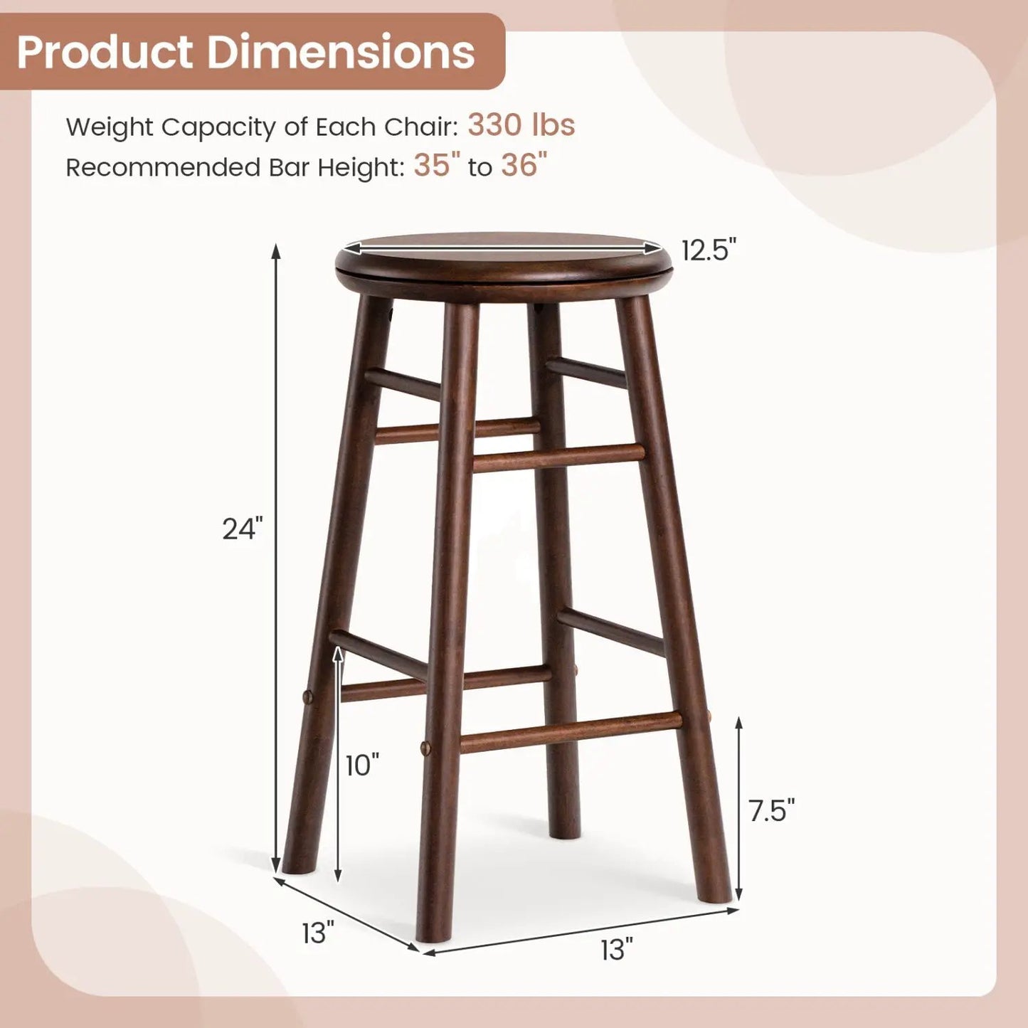24 Inch Swivel Bar Stools Set of 2 with Footrests