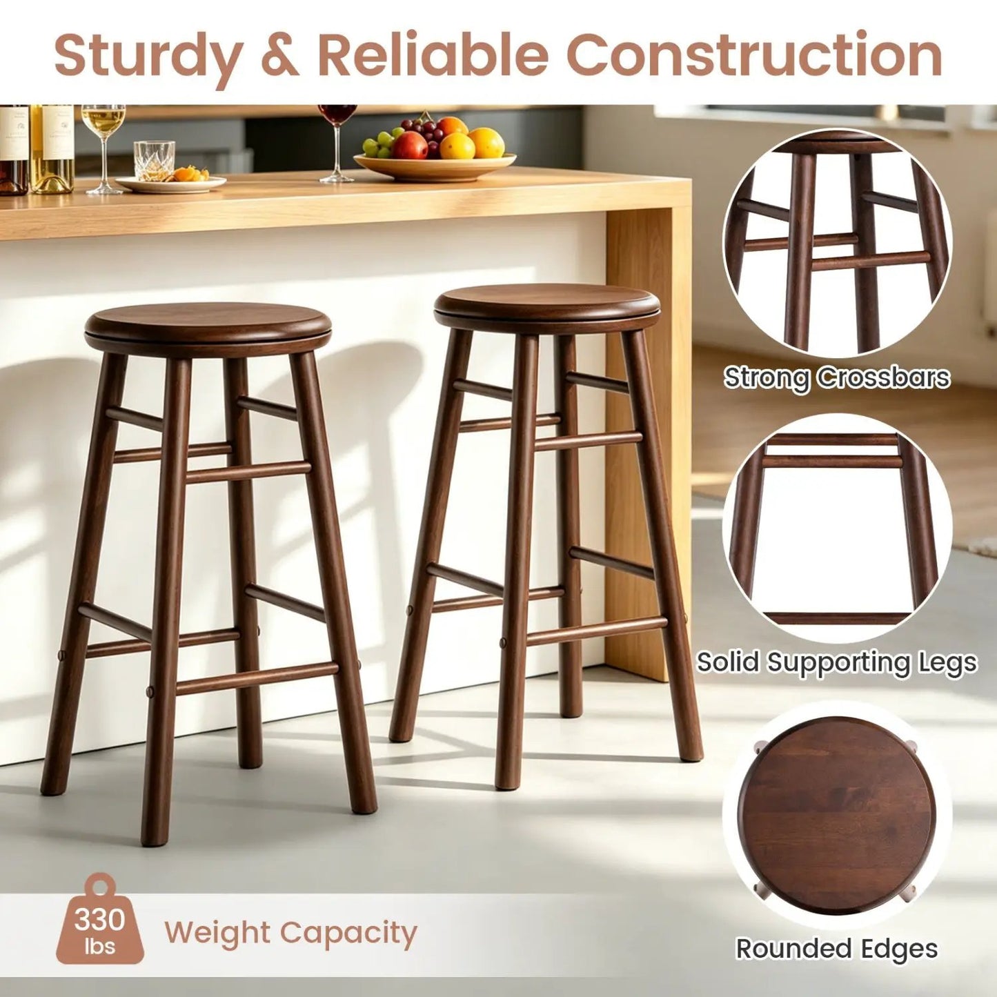 24 Inch Swivel Bar Stools Set of 2 with Footrests