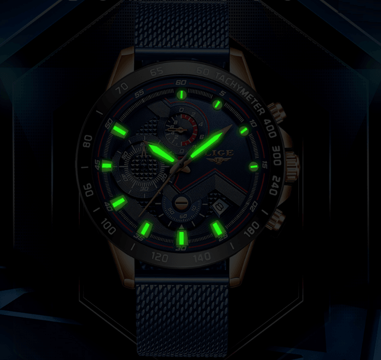 Stevvex men's sports waterproof watch with blue stainless steel mesh bracelet and green lume on Tampa Home & Garden Store