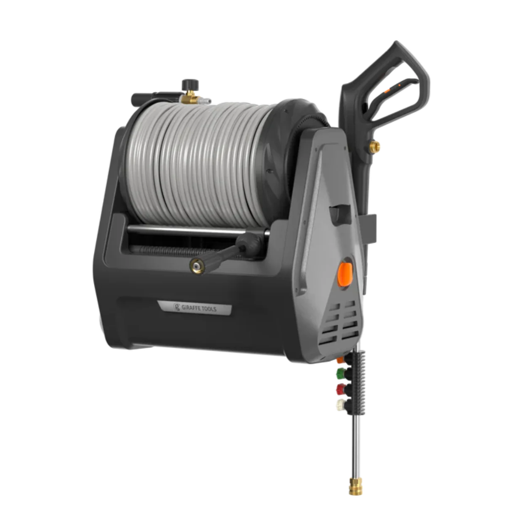 Grandfalls wall-mounted pressure washer Plus by Giraffe Tools gray with large hose reel on Tampa Home & Garden Store