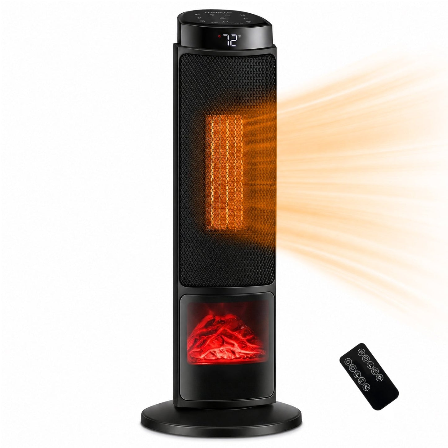 24-Inch PTC Ceramic Tower Space Heater with 7-Color Flame by DirectDeals, black finish, remote on Tampa Home & Garden Store