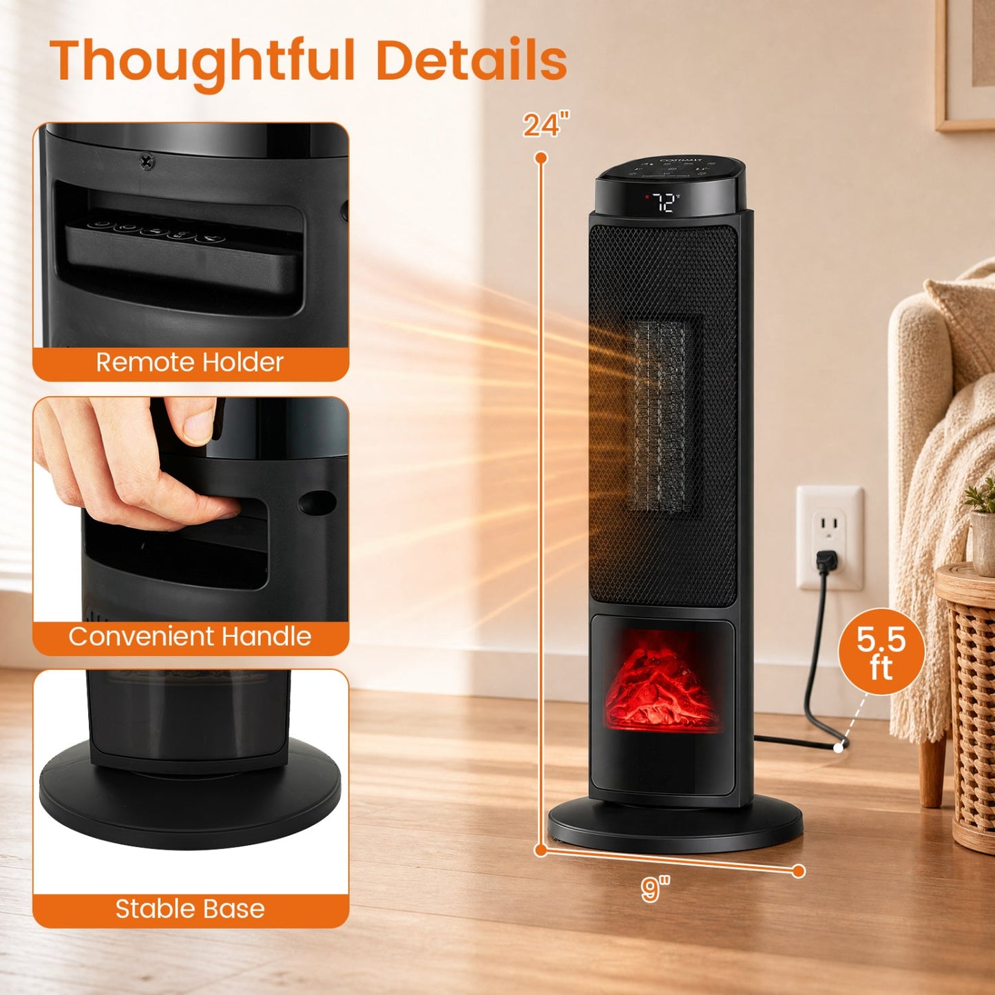 DirectDeals 24-inch ceramic tower space heater with 7-color flame, black finish on Tampa Home & Garden Store