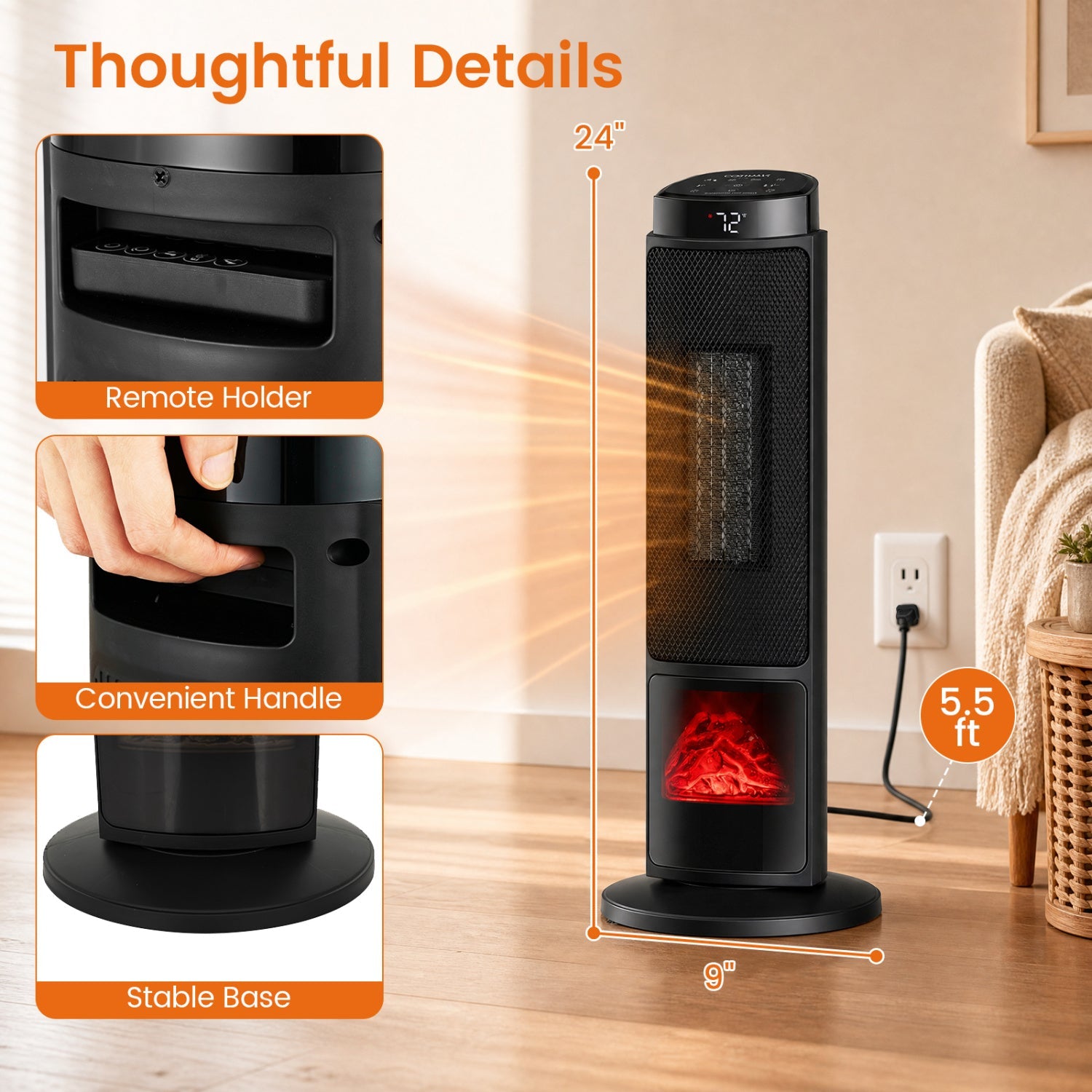 DirectDeals 24-inch ceramic tower space heater with 7-color flame, black finish on Tampa Home & Garden Store
