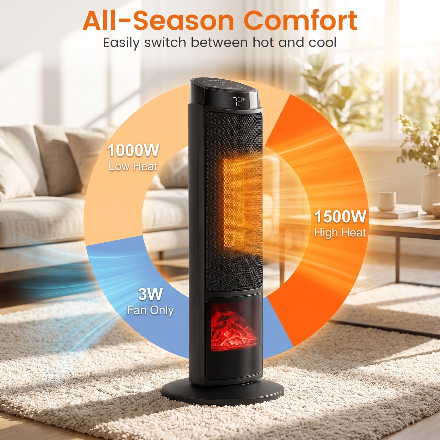 24-Inch PTC Ceramic Tower Space Heater with 7-Color Flame by DirectDeals, black on Tampa Home & Garden Store