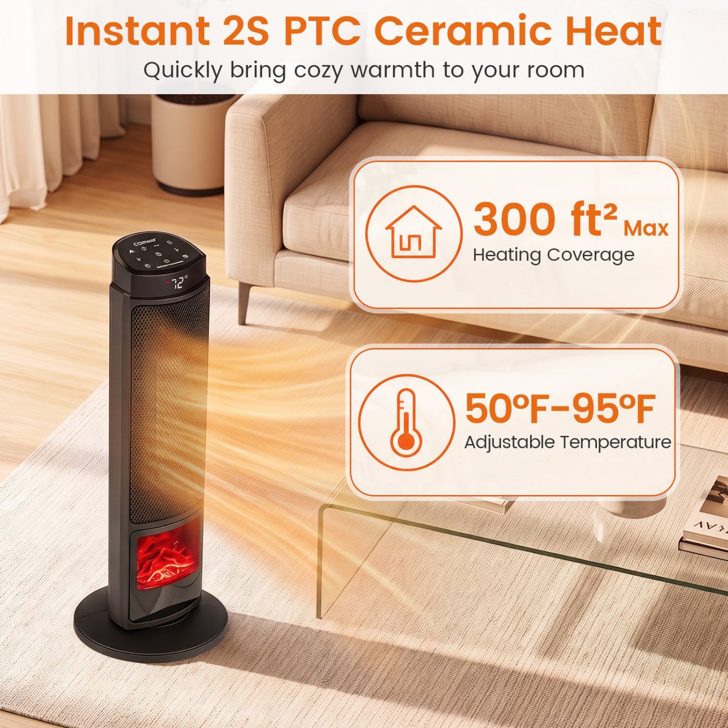 DirectDeals 24-Inch PTC Ceramic Tower Space Heater with 7-Color Flame, black body on Tampa Home & Garden Store