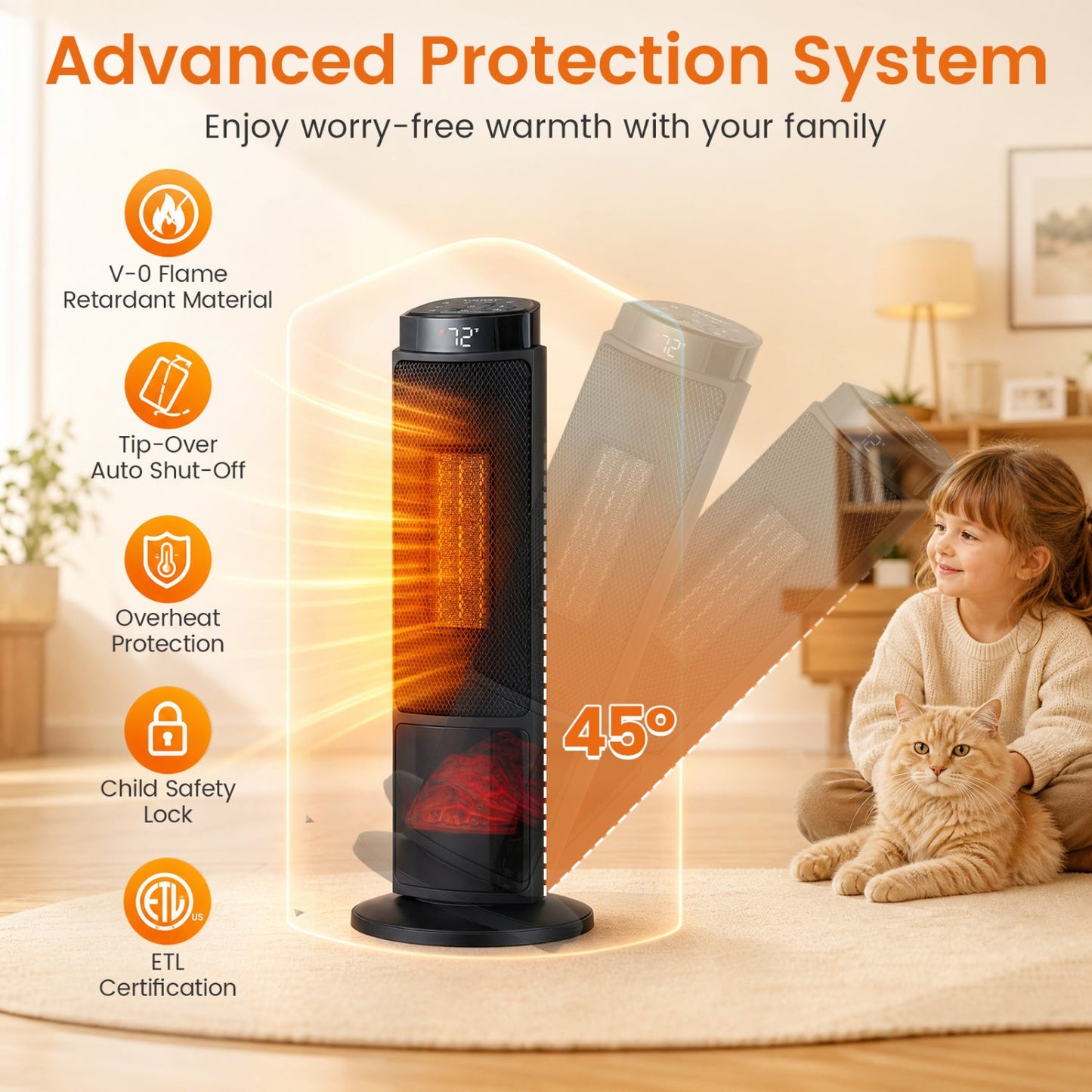 DirectDeals 24-Inch PTC Ceramic Tower Space Heater with 7-Color Flame, black with digital controls on Tampa Home & Garden Store