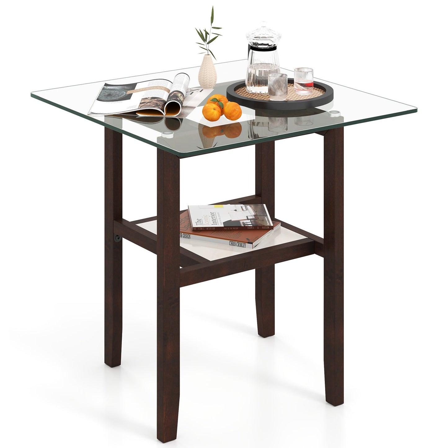 Mesa de centro cuadrada de cristal de 24 pulgadas y 2 niveles con estante de almacenamiento - Marrón