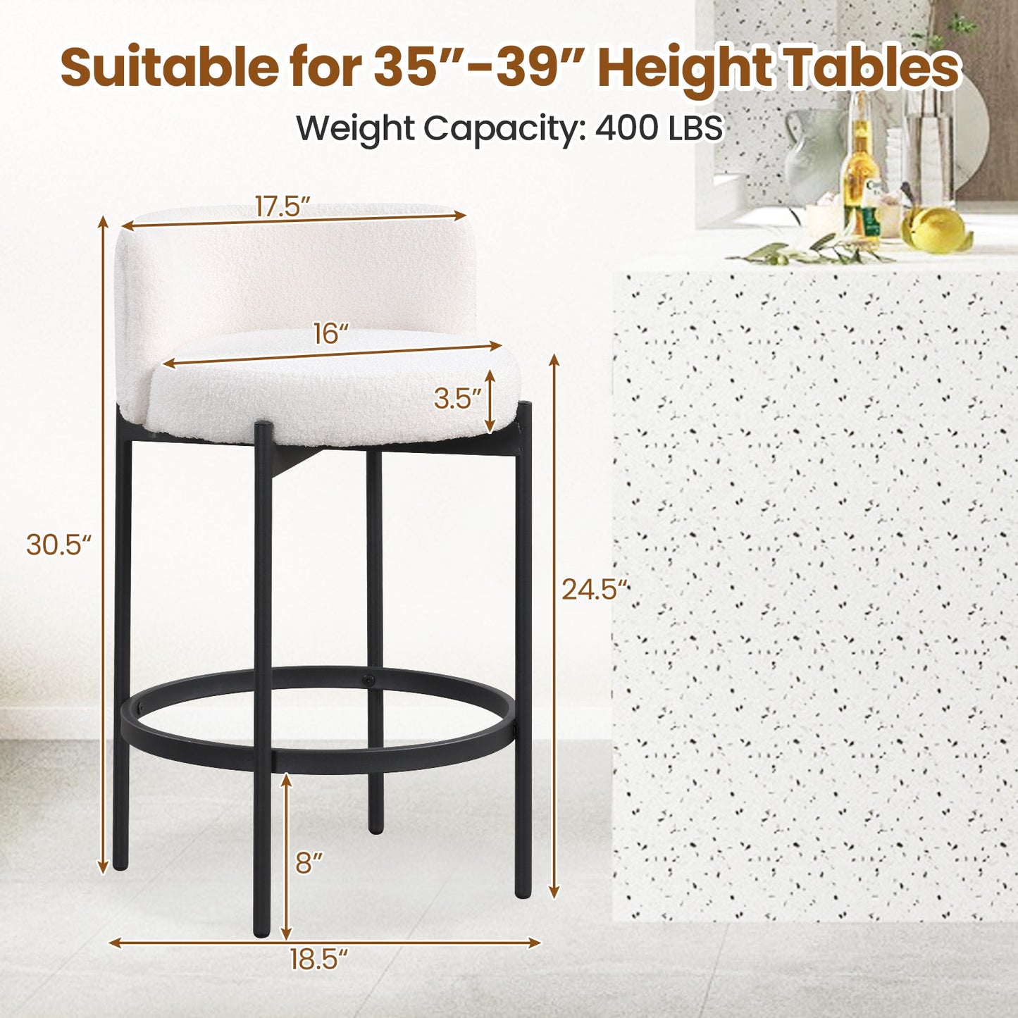 24 Inch Boucle Counter Stools Set of 2 with Curved Backrest