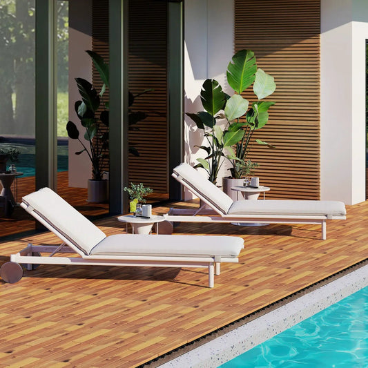Acacia wood interlocking deck tiles, 12 pcs, 24x12 in, poolside with 2 white lounge chairs on Tampa Home & Garden Store