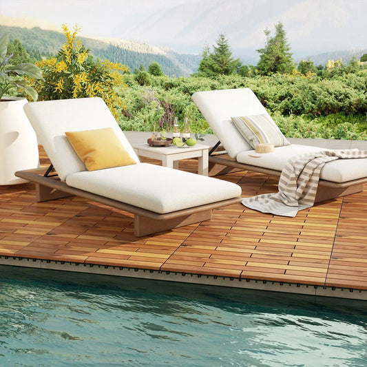 DirectDeals Acacia wood interlocking deck tiles 24x12 in, 24-pack, poolside with white cushions on Tampa Home & Garden Store