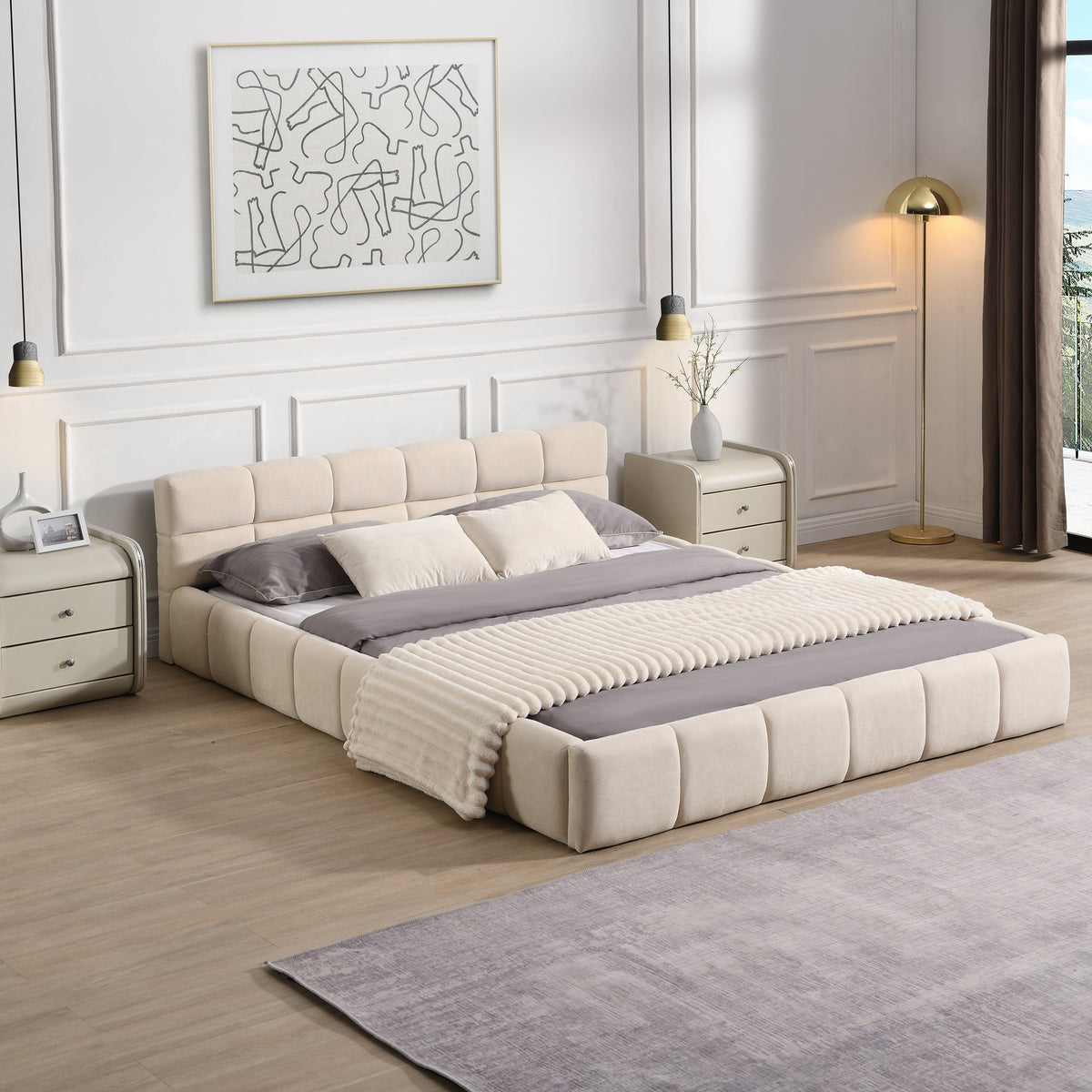 Elegant Chenille Upholstered Bed with Checkerboard Headboard - Beige by HouseOfZazla on Tampa Home & Garden Store