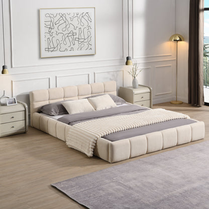 Elegant Chenille Upholstered Bed with Checkerboard Headboard - Beige by HouseOfZazla on Tampa Home & Garden Store