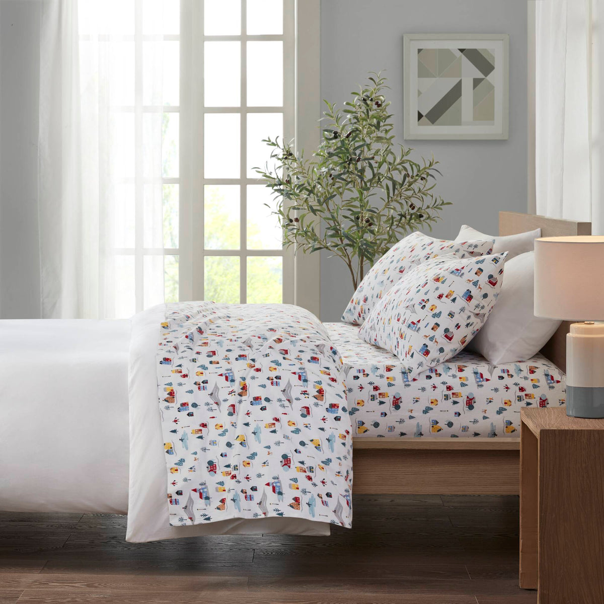 4 Piece King Printed Cotton Sheet Set with colorful house pattern on white bedding on Tampa Home & Garden Store