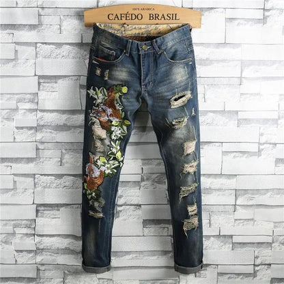 FLIPSTYLEZLLC men's ripped jeans with floral embroidery and distressed patches, dark indigo on Tampa Home & Garden Store