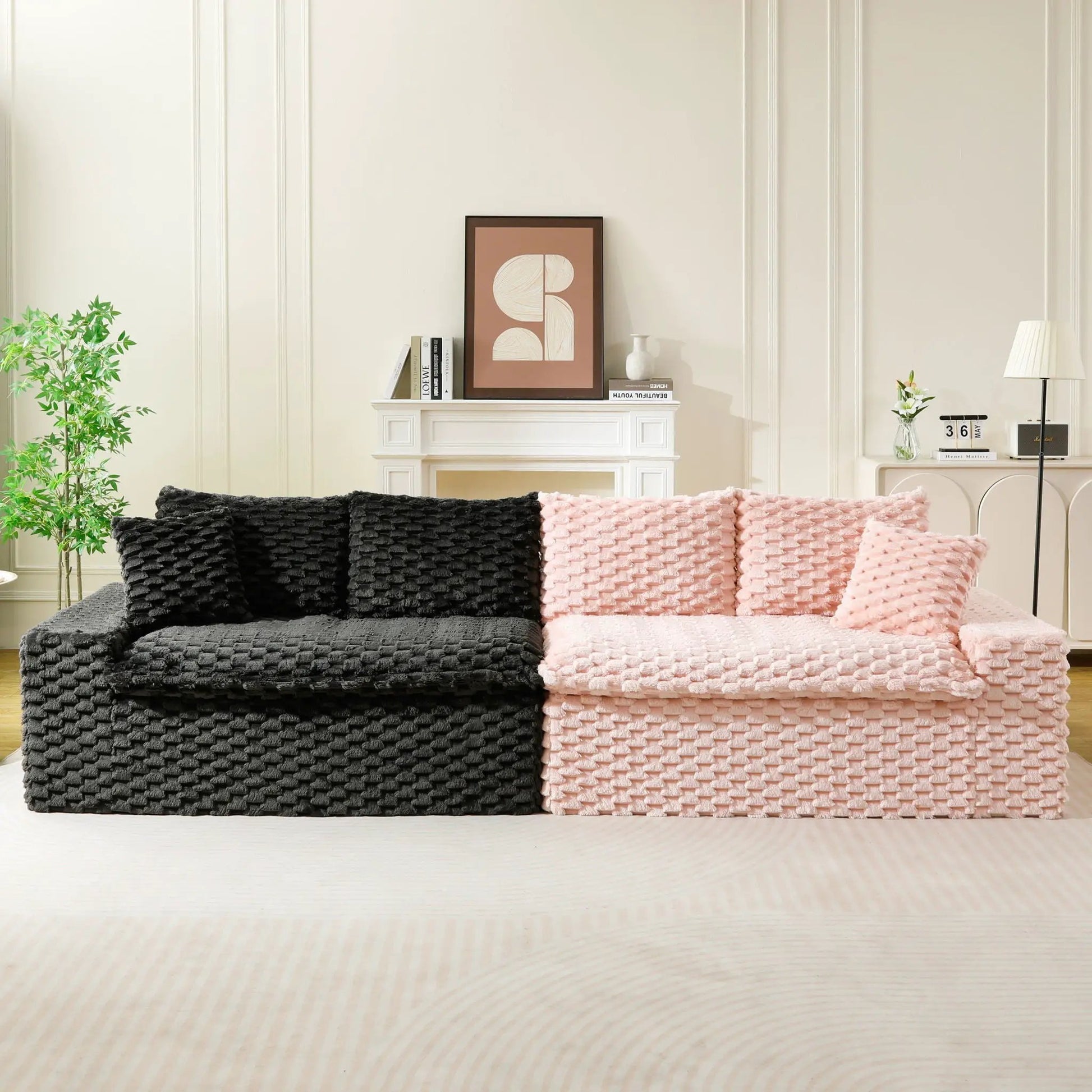 Multifunctional Sofa Pink Black with chunky blankets on a 4-seat sofa in a stylish room on Tampa Home & Garden Store