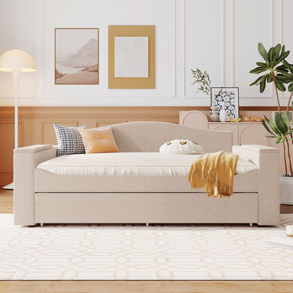 Upholstered daybed with storage drawers and pull-out trundle in warm beige fabric on Tampa Home & Garden Store